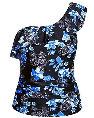 cut-out swimsuitFlattering One Shoulder Tankini Top For Women Long Torso-Blue Paisley