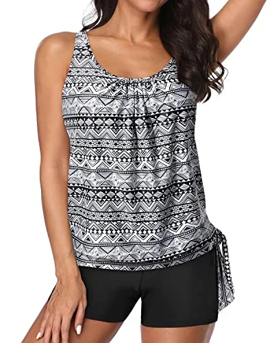 swimsuit with hooks and eyesWomen's 2 Piece Blouson Tankini Swimsuit Shorts For Tummy Control-Black Tribal