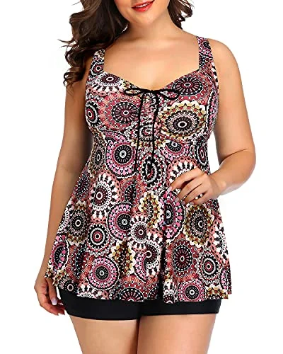 swimsuit for synchronized swimmingBoy Shorts Tankini Swimsuits Plus Size Flowy Swimwear For Women Shorts-Brown Print