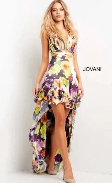 Flowy dresses for womenJovani 09389 High Low Formal Floral Print Prom Gown