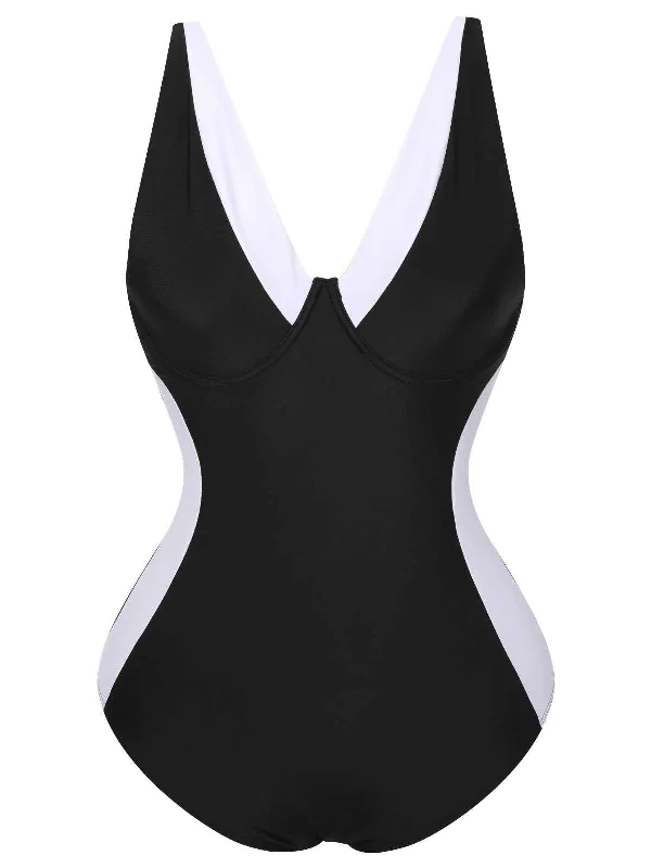 nylon swimsuit[Plus Size] Black 1930s Contrast One-Piece Swimsuit