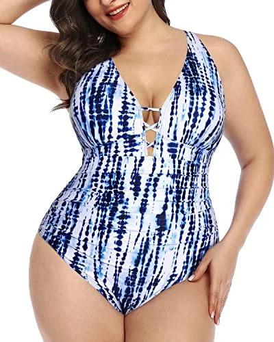 swimsuit for windsurfingPush Up Padded Bra Plus Size One Piece Swimsuit For Women-Blue Tie Dye