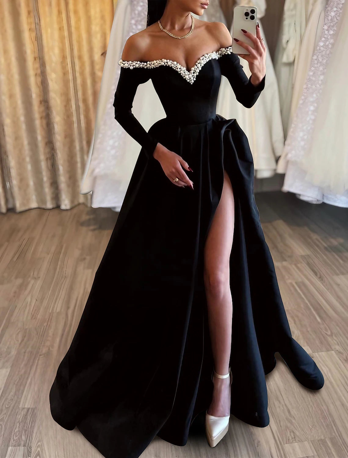 Batwing sleeve dresses for womenA-Line Evening Gown Black Dress Dress Formal Masquerade Sweep / Brush Train Long Sleeve Off Shoulder Satin with Pearls Slit