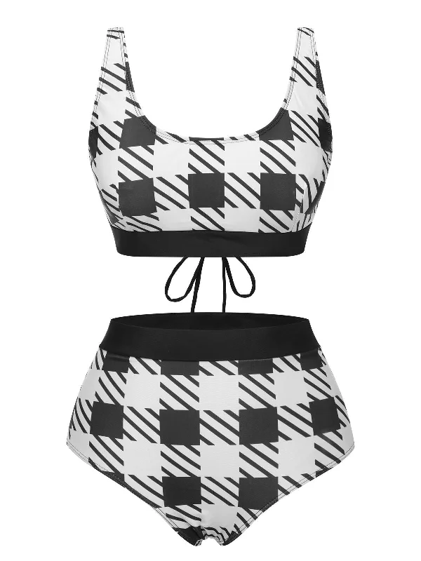 breathable swimsuitBlack 1950s Plaid Wide Strap Swimsuit