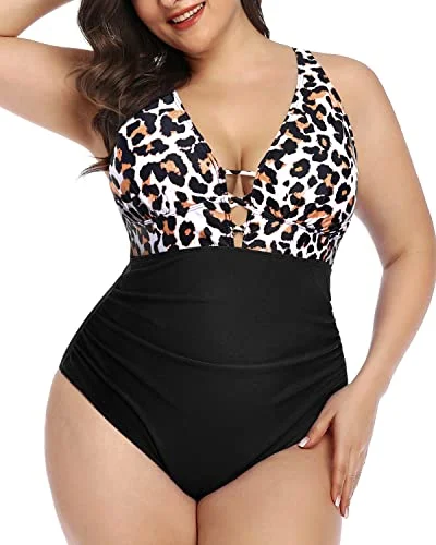 swimsuit with zippersLace Up Plunge V Neck Plus Size Ruched One Piece Swimsuit-Black And Leopard