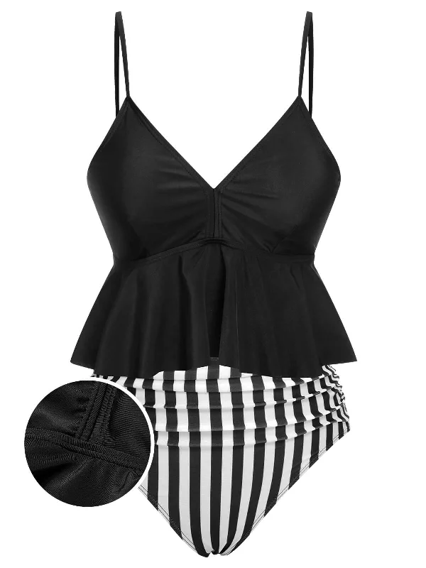 swimsuit with a bow detailBlack 1950s Striped Printed Separate Swimsuit