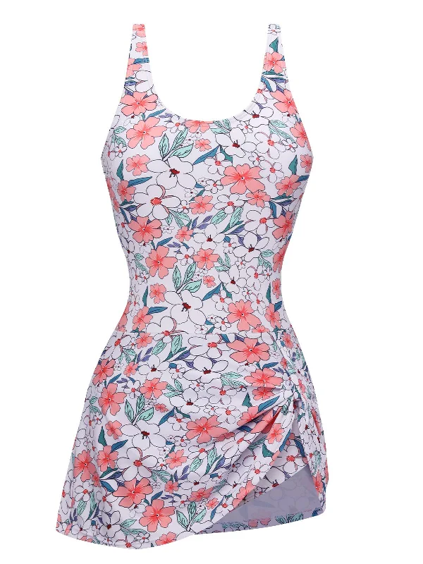 swimsuit with a bow detailWhite 1930s Floral Wide Strap Swimsuit