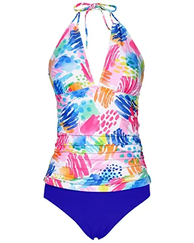 stylish swimsuitV Neck Halter Tankini Swimsuits Bikini Bottom Tummy Control Bathing Suits-Colorful