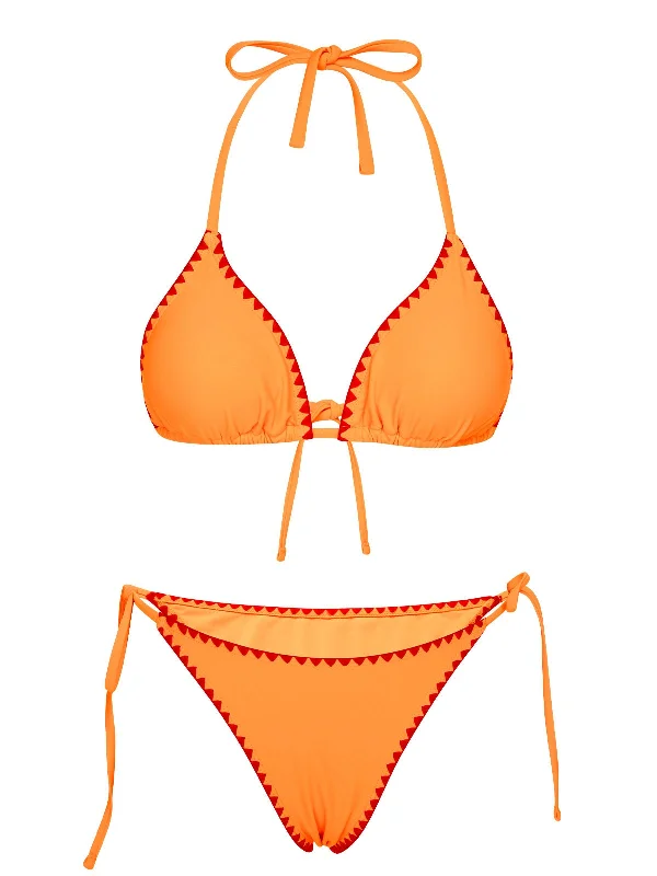 low-cut swimsuitOrange Red 1930s Spaghetti Strap Halter Bind Bikini