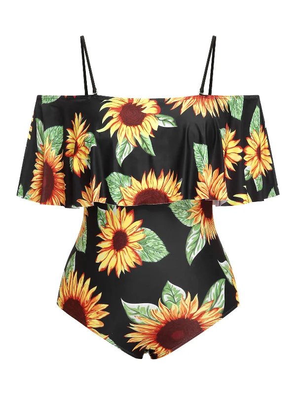 lycra swimsuit[Plus Size] Black 1940s Sunflower Cold-Shoulder Swimsuit