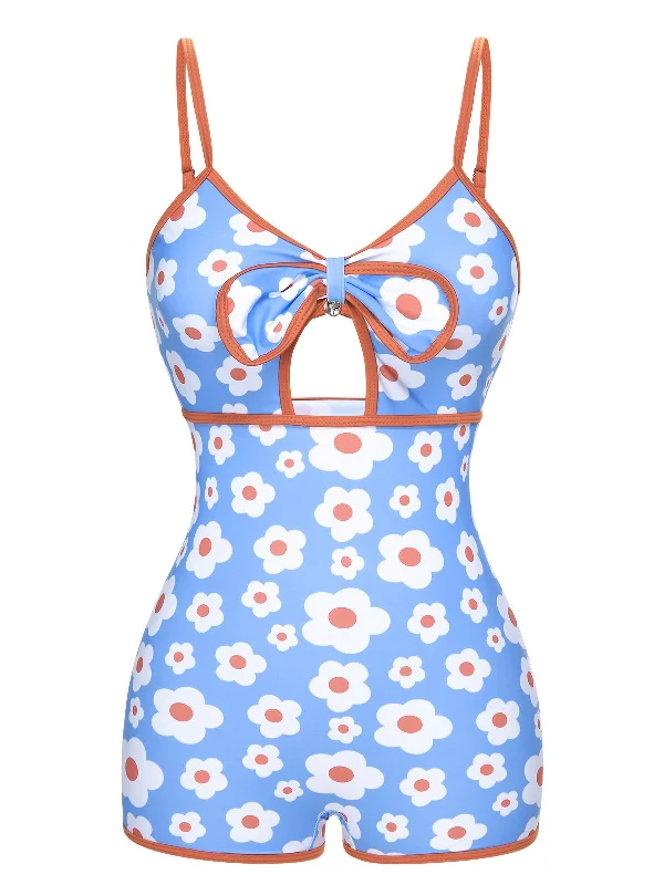 stylish swimsuit1930s Spaghetti Straps Cartoon Flowers Boxer Swimsuit