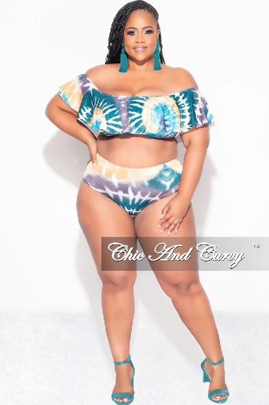 monokini swimsuitFinal Sale Plus Size Tie Dye Ruffle Bikini Set in Teal / Mustard Tie Dye Print