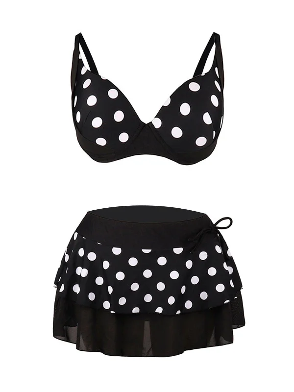 swimsuit for fashion showsBlack 1960s Polka Dot Bikini Set with Skirt