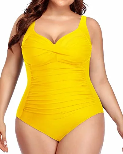 swimsuit with a ruched bodiceWomen's Plus Size Tummy Control Twist Front Ruched Sweetheart Neck One Piece Swimsuit-neon yellow2