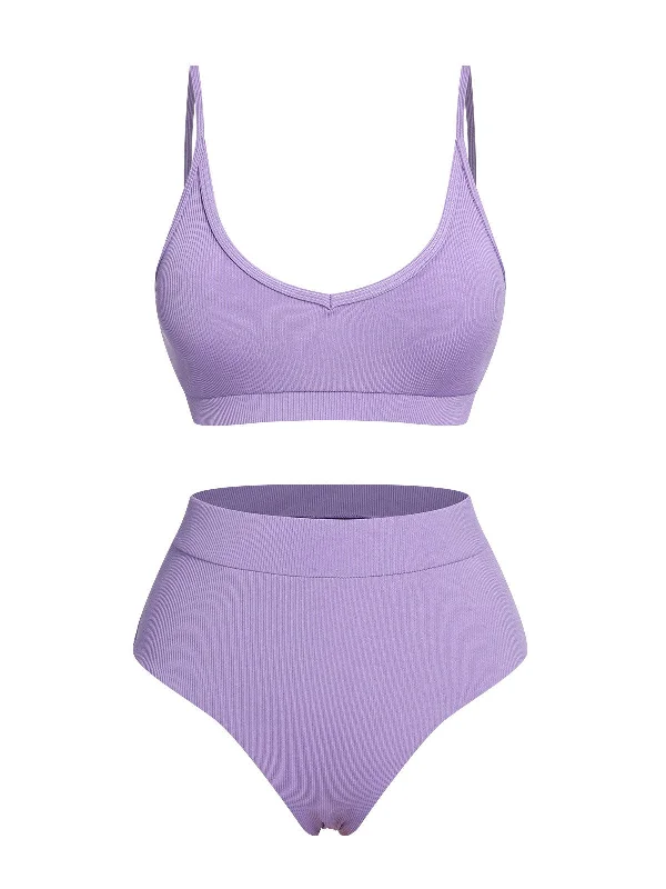 pool swimsuitPurple 1950s Spaghetti Straps Solid Swimsuit