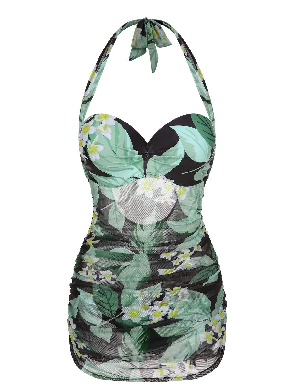 low-cut swimsuitGreen 1950s Plants Wrinkles Halter Swimsuit