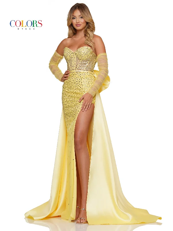 Party dresses for womenColors 3168 Long  Formal Beaded Overskirt Prom Dress with Sleeves