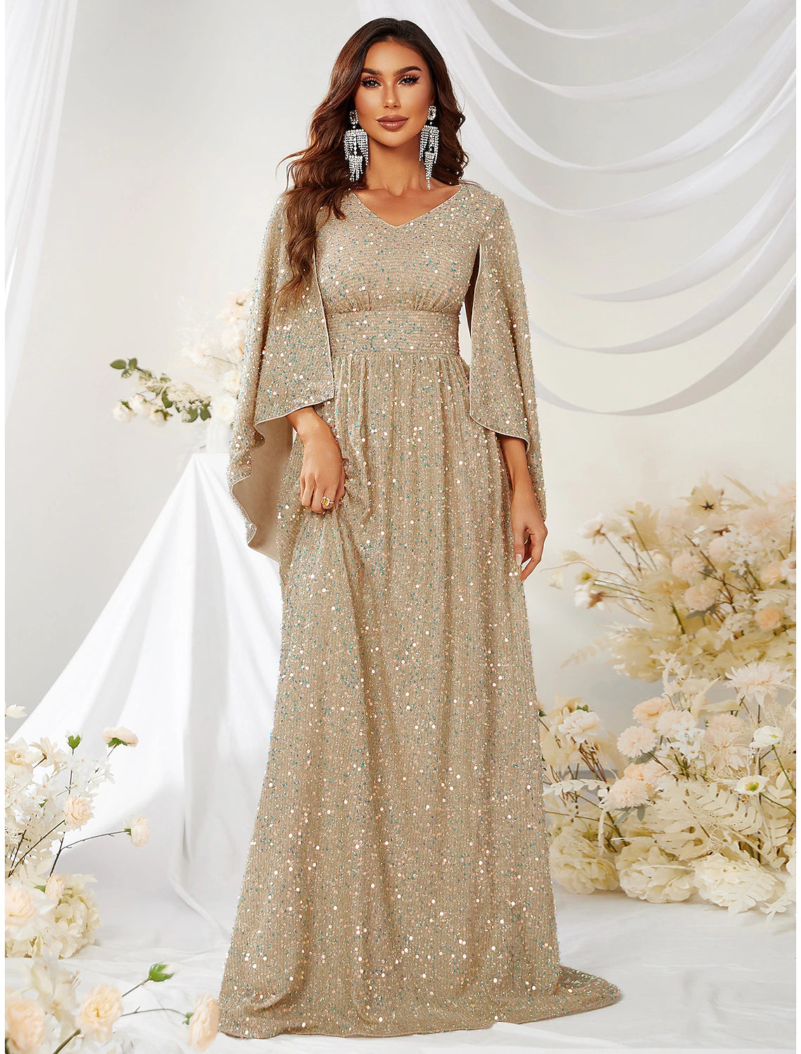 Spring dresses for blossoming stylesA-Line Evening Gown Sparkle & Shine Dress Formal Sweep / Brush Train Long Sleeve V Neck Capes Polyester with Sequin