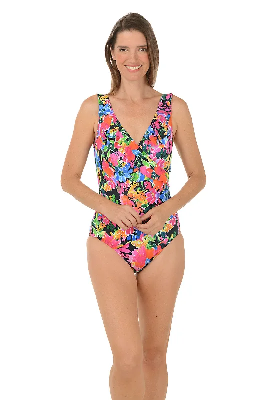 neon-color swimsuitBlooming Bouquet Ruffle Front Surplice Swimsuit