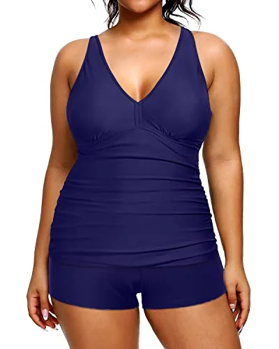 high-leg swimsuitAthletic Women's Plus Size Swimsuits Ruched Tummy Control Two Piece Sets-Navy Blue