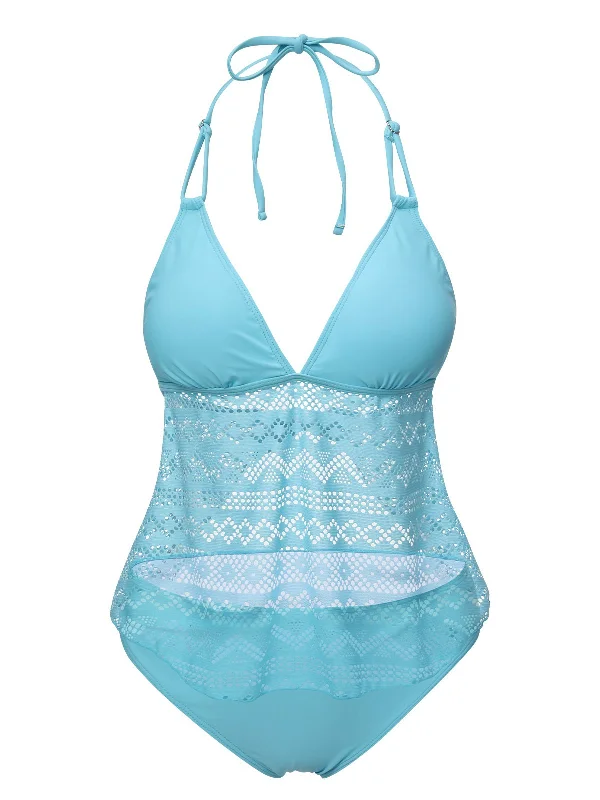 swimsuit cover-upLight Blue 1930s Lace Hollow Halter Swimsuit