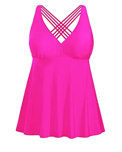 polyester swimsuitPlus Size Tankini Tops No Bottom Flowy Bathing Suit Top V Neck Swim Top-Neon Pink