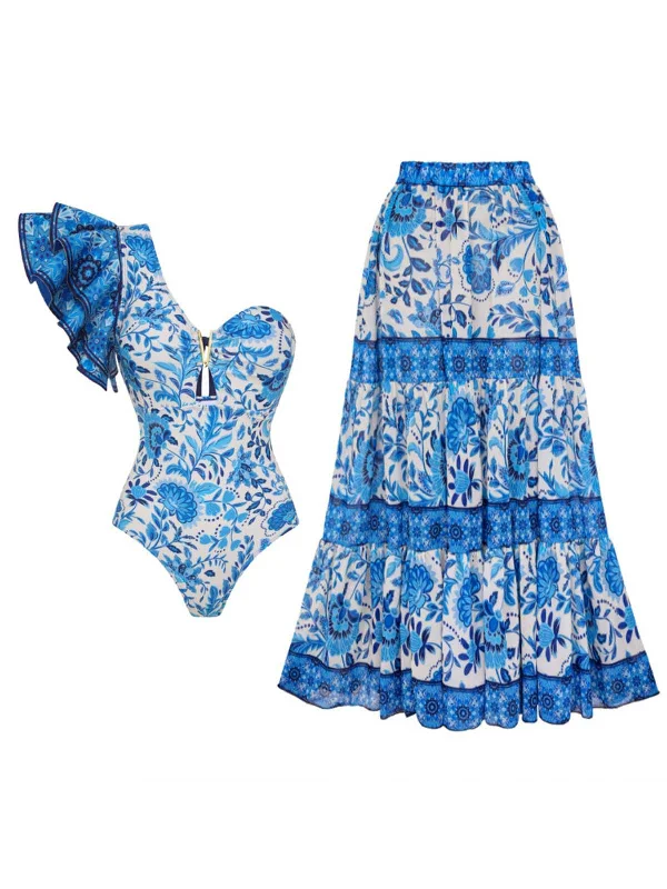 lace-up swimsuit2PCS Blue 1950s One-Shoulder Print Swimsuit & Cover-Up