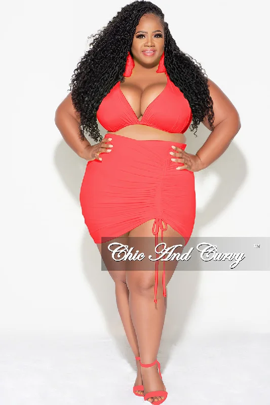 swimsuit for everyday wearFinal Sale Plus Size 3pc Set Bikini Top, Briefs & Ruched Skirt in Rust Orange