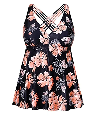 swimsuit for synchronized swimmingPlus Size V Neck Tankini Top Criss Cross Strappy Back Bathing Suit Top-Black Orange Floral