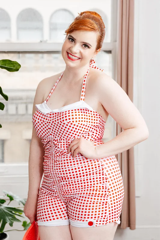 swimsuit with a lace trim[Plus Size] Gingham 1950s Halter Bowknot One-piece Swimsuit