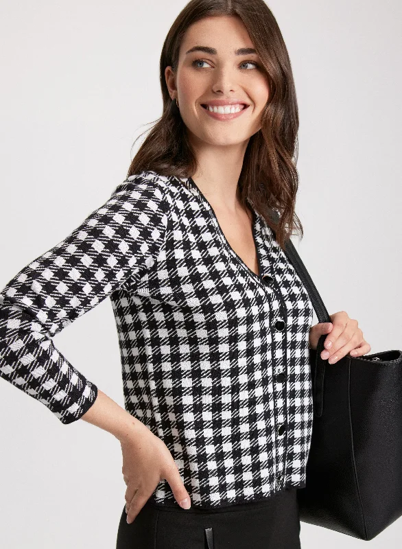 Loungewear women's sweaterHoundstooth Print Button-Up Cardigan