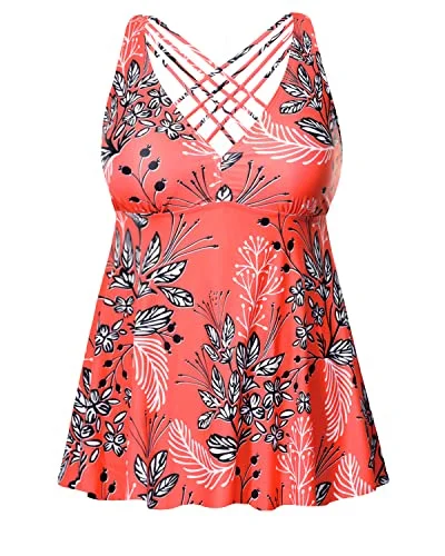 pool swimsuitFlowy Plus Size Bathing Suit Top For Women Criss Cross Strappy Back-Red Floral