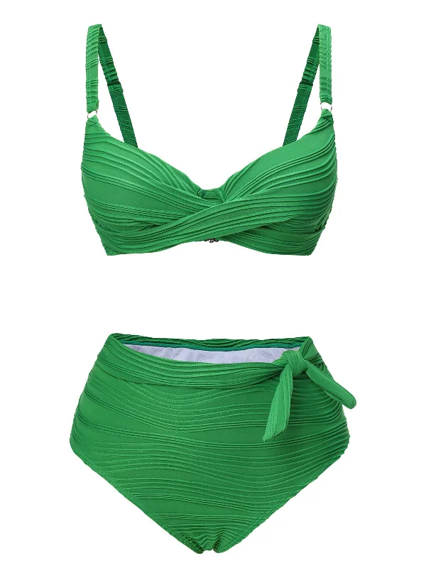 chlorine-resistant swimsuitGreen 1960s Pleated Solid Swimsuit