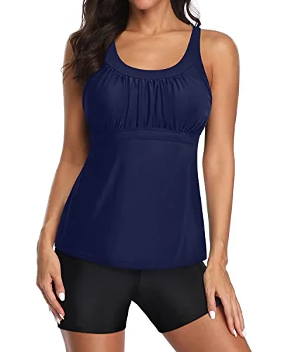 solid-color swimsuitCriss Cross Detail Two Piece Tankini Bathing Suits For Women-Navy Blue