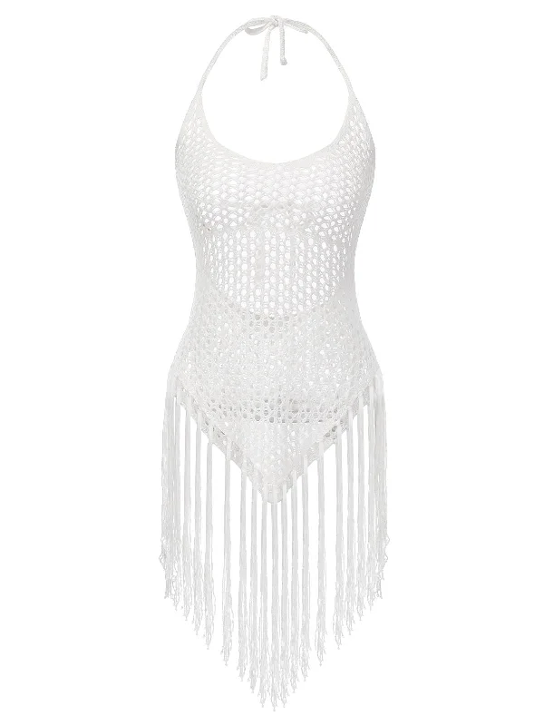 competitive swimsuitWhite 1960s Grid Halter Cover Up