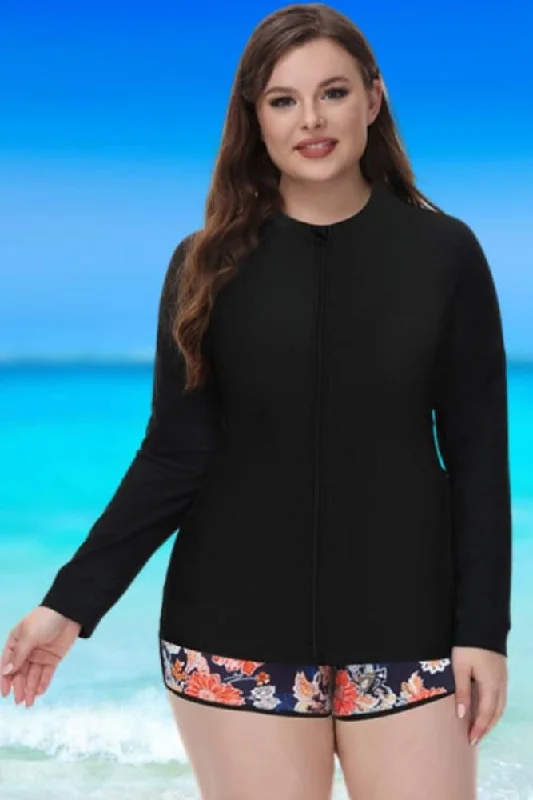 swimsuit with a sleek designBlack Long Sleeve Zip-up Jacket 3pcs Tankini Set