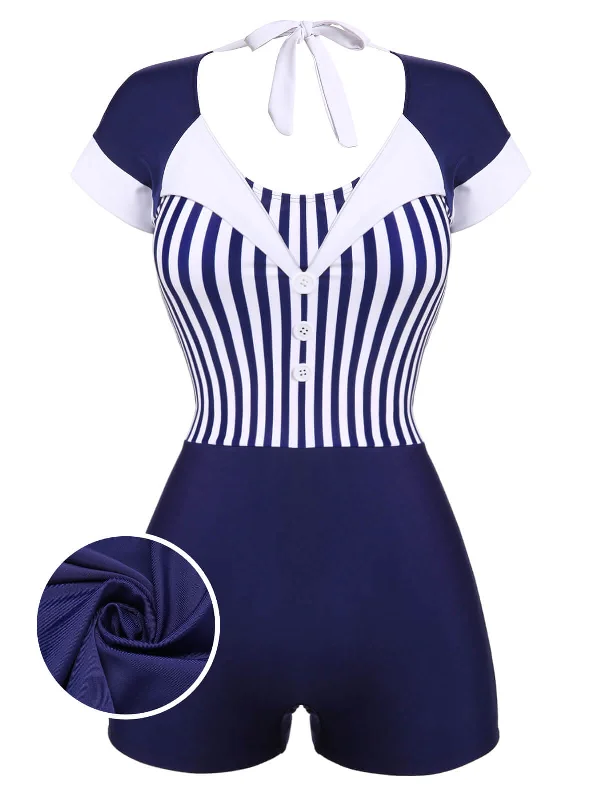 swimsuit for yoga on the beachNavy Blue 1930s Stripe Patchwork Swimsuit