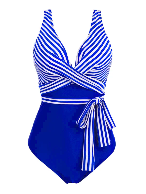 swimsuit for surfing[Plus Size] 1950s Stripe Lace Up Patchwork One-Piece Swimsuit