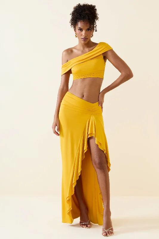 Workout leggings for womenAsymmetric Ruffled Low-Rise Maxi Skirt in Golden Yellow