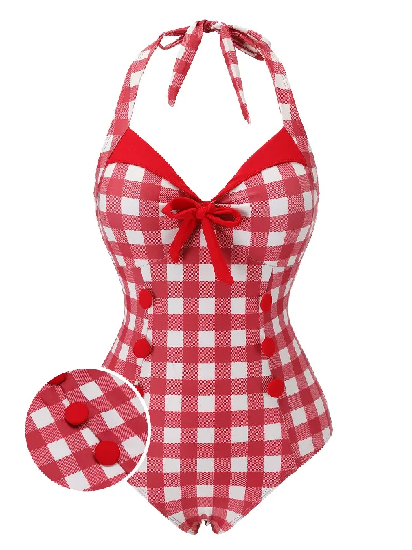 swimsuit with removable cupsRed 1950s Plaids Added Bowknot Swimsuit