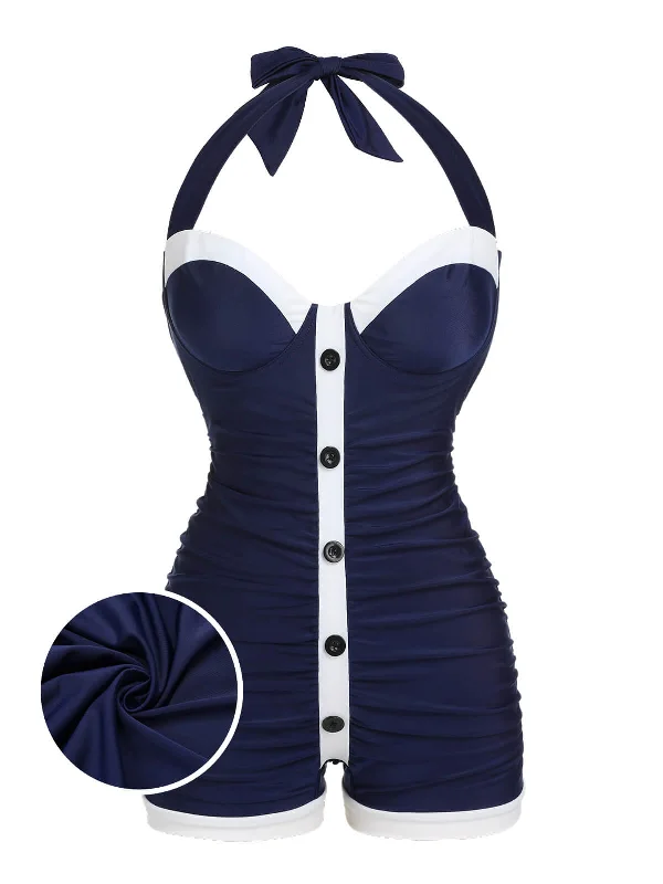 swimsuit with built-in bra[Plus Size] Navy Blue 1950s Pleated Halter Swimsuit