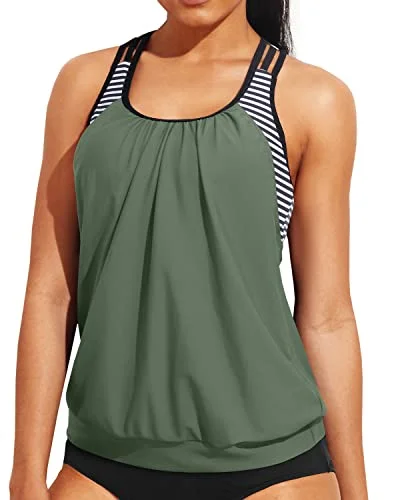 stretchy swimsuitDouble Layer Tankini Top Only Modest Round Neck Bathing Suit Top-Amry Green