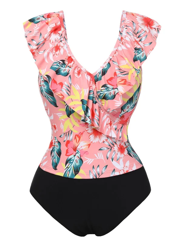 neon-color swimsuit1930s Tropical Plants Ruffled V-Neck Tankini Set