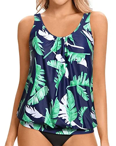 sporty swimsuitWomen's Tankini Tops Modest And Flattering Blouson Style-Blue Leaf