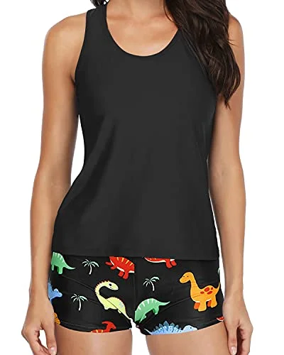 swimsuit for relaxationAthletic 3-Piece Tankini Swimsuits Tummy Control Shorts-Black Dinosaur