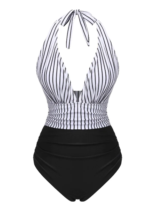 swimsuit for paddleboardingBlack 1950s Deep V-Neck Stripe Swimsuit