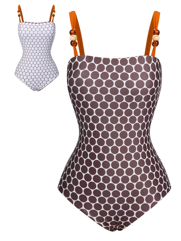 tankini swimsuitBrown 1930s Beads Straps Polka Dots Reversible Swimsuit