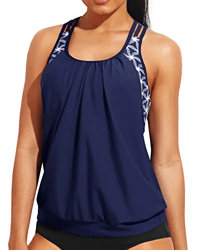 swimsuit with a plunging necklineLadies Racerback Bathing Suit Top Push Up Bra Tankini Top-Blue And White Stars