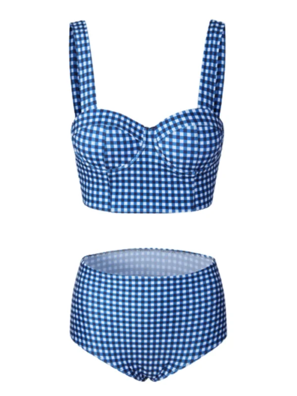 swimsuit with a ruched bodiceBlue 1950s Retro Plaid Strap Bikini Set