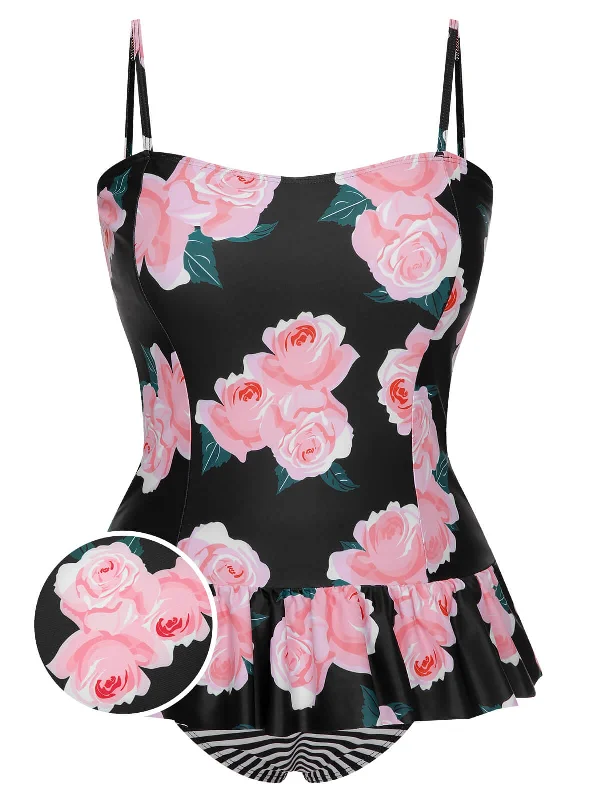 figure-hugging swimsuit[Plus Size] Multicolor 1930s Ruffled Hem Printed Swimsuit